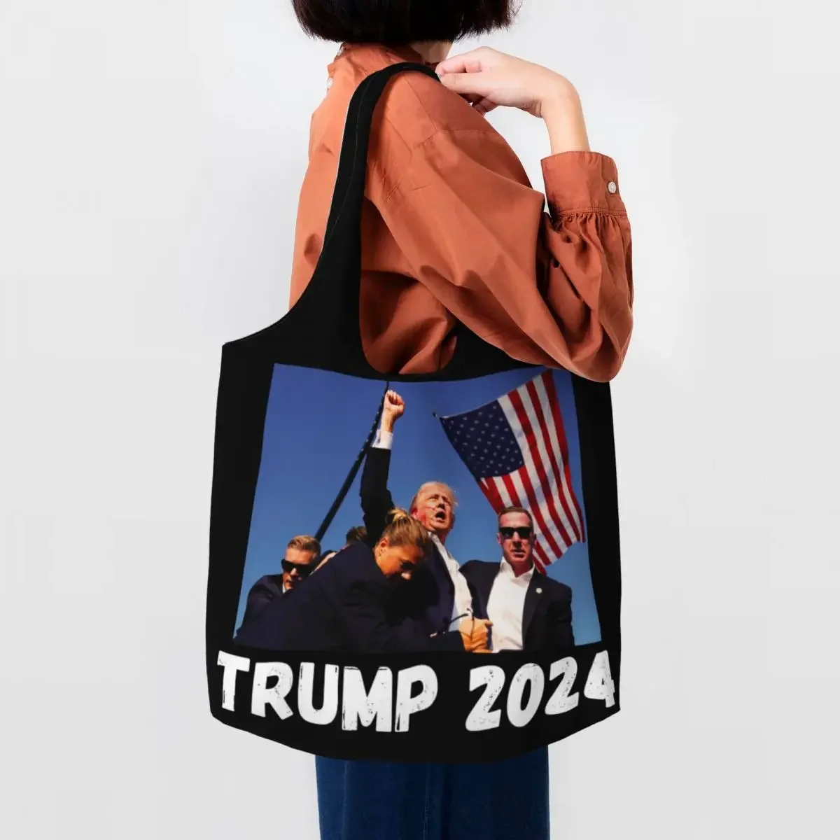 Custom Trump Will Be Back Groceries Shopping Bags Canvas Shopper Shoulder Tote Bag Large Capacity Portable American USA Handbag