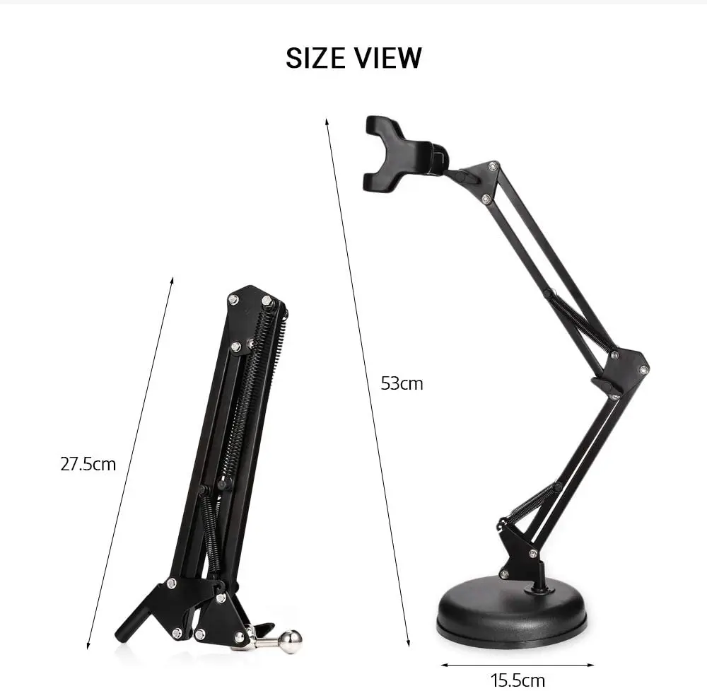 Phone Microphone Stand,Upgraded Adjustable Bracket Desktop Suspension Scissor Boom Arm Stand with Round Base and Adjustable Cell