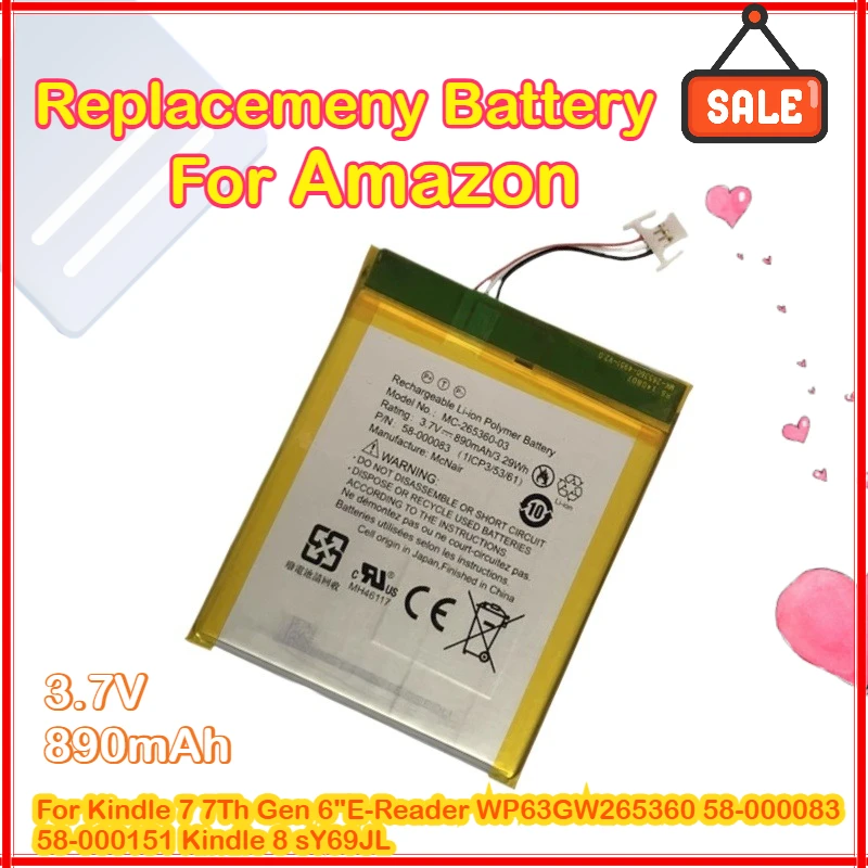 

890mAh DR-A022 NEW Replacemeny Battery For Amazon Kindle7 7Th Gen 6" E-Reader WP63GW 265360 58-000083 58-000151 Kindle 8 SY69JL