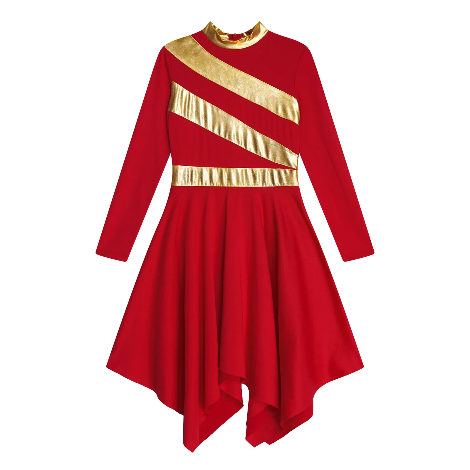 Kids Girls Worship Dancewear Praise Dance Dresses Metallic Irregular Hem Dancewear Long Sleeve Lyrical Choir Liturgical Dress