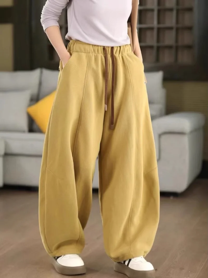 Autumn And Winter Plush Pants Women Big Size Drawstring Elastic Waist Casual Warm Thickened Fleece Sweatpants Baggy w1160