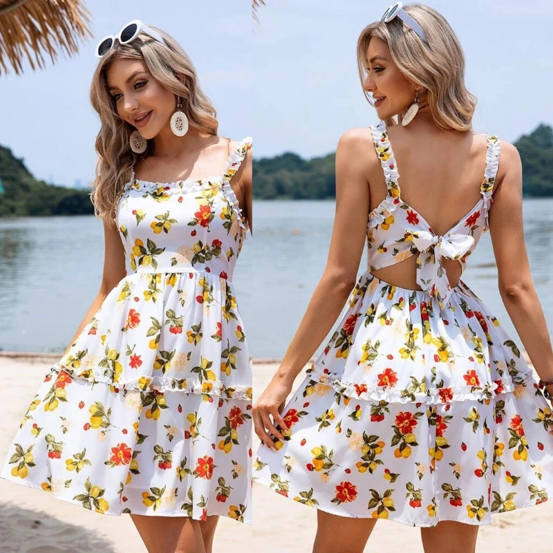 

2024 New Summer Fashion Short Boho Dress Women Mini Floral Print Dress Female Sleeveless Hanging Belt Printed Waist Folded Dress