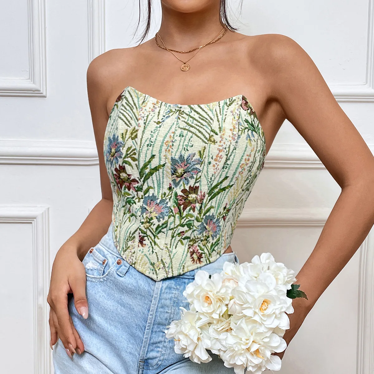 Vintage Print Halter Corset Tops Women\'s French Palace Floral Sleeveless Crop Top Back Strap Retro Shaper Bustier Tops Camisole