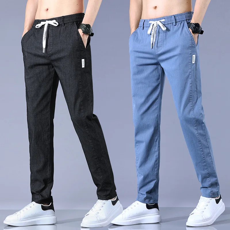 

Thin Cotton Slim Men Summer Trousers Black Green Casual Pants Mens Drawstring Harajuku Korean Fashion Streetwear Overalls