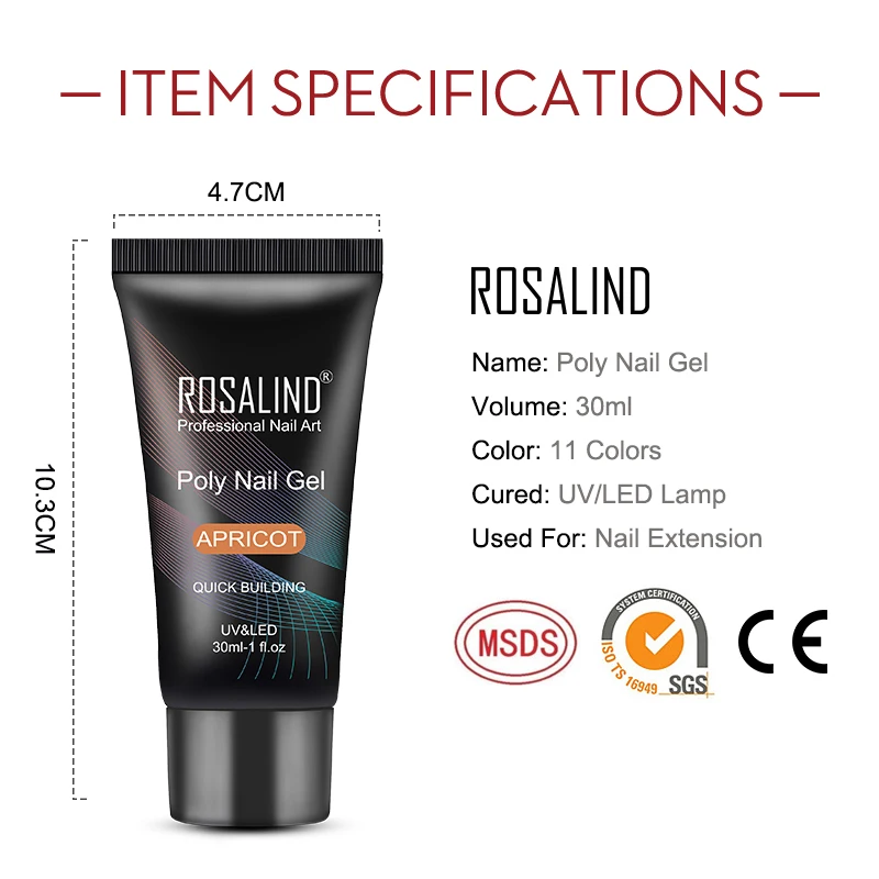 ROSALIND 반영구 폴리 네일 젤, 30ml, 13 색 UV 크리스탈 아크릴 액체 핑거 익스텐션, 하이브리드 바니시 탑 코트