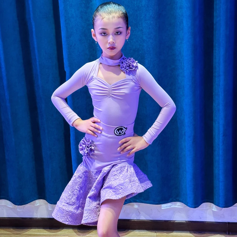 

Purple Cha Cha Rumba Latin Dance Costume Girls Dance Dress Kid's Tango Performance Suit Child Latin Practice Clothes XH1307