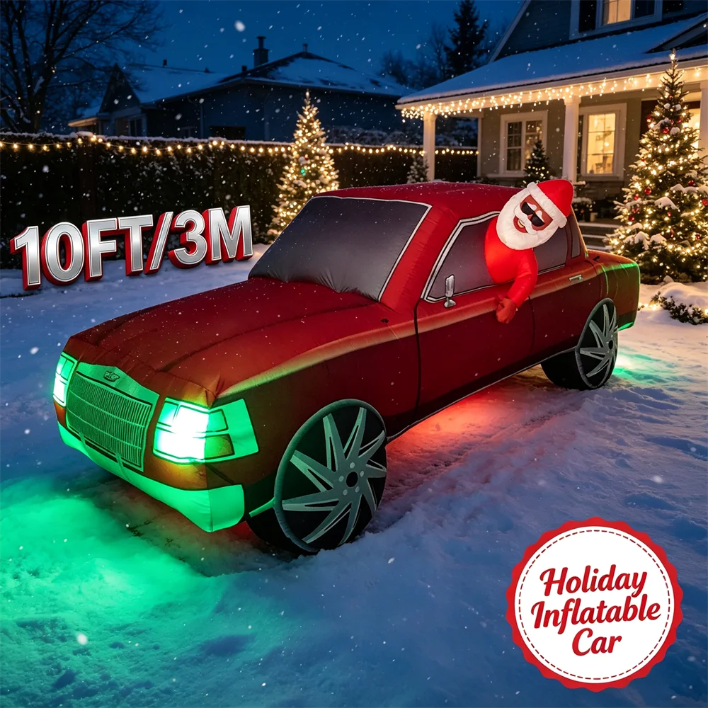 10FT Christmas Inflatable Toy Car with Santa Giant Blow Up Red Sedan Car Driving by Santa Claus Outdoor Garden Yard Winter Decor