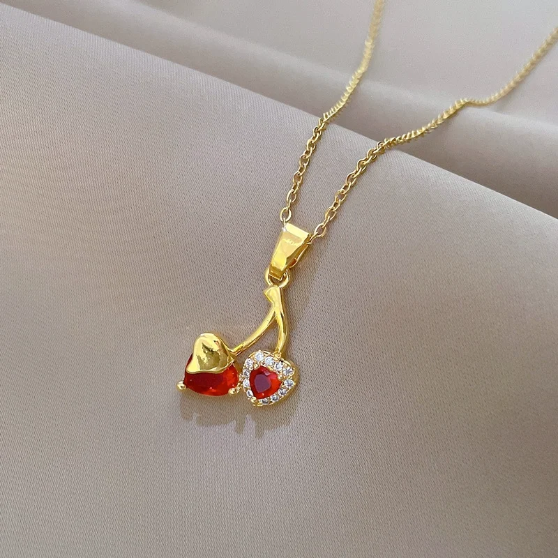 Pink Love Cherry Titanium Steel Necklace, Women's Fashion, Personalized, Online Celebrity Jewelry, Latest Hot Selling
