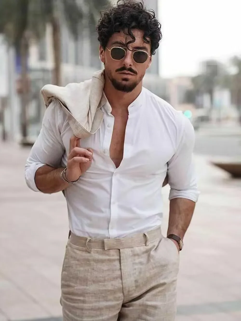 Casual Beige Linen Men Suits Single Breasted Slim Fit Notch Lapel Blazer with Pants High Quality 2 Piece Wedding Costume Homme f