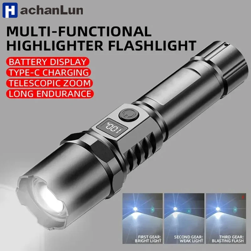 High Power XHP100 Led Flashlight Retractable Rechargeable Flashlight Digital Zoom Usb Hand Light For Outdoor Camping And Emerge