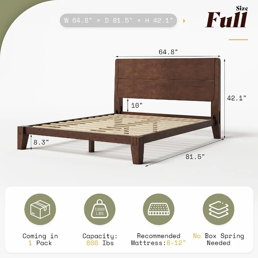 Solid Wood Bed Frame with Headboard for Bedroom, Walnut, Natural Wood Grain, Japanese Joinery Strength and Aesthetic