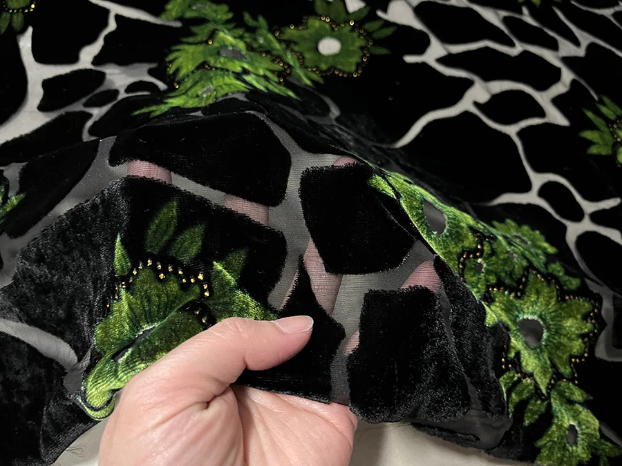 Real Silk Gold Velvet Clothing Fabric Black Geometric Yellow Green Flower Gilding Hollow Cheongsam