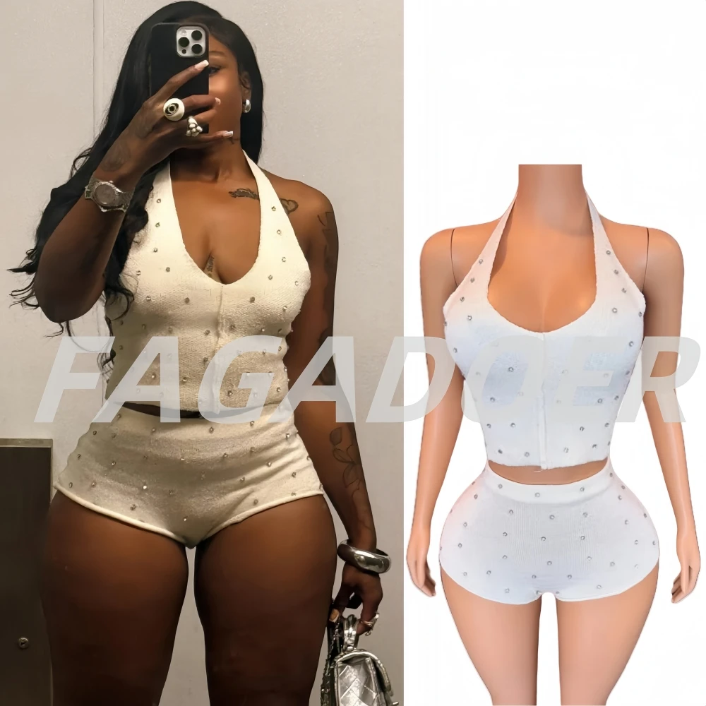 

FAGADOER Fashion Rhinestone Patchwork Two Piece Outfits Woman Halter Backless Tank Tops+Shorts Matching Suit Female Streetwear