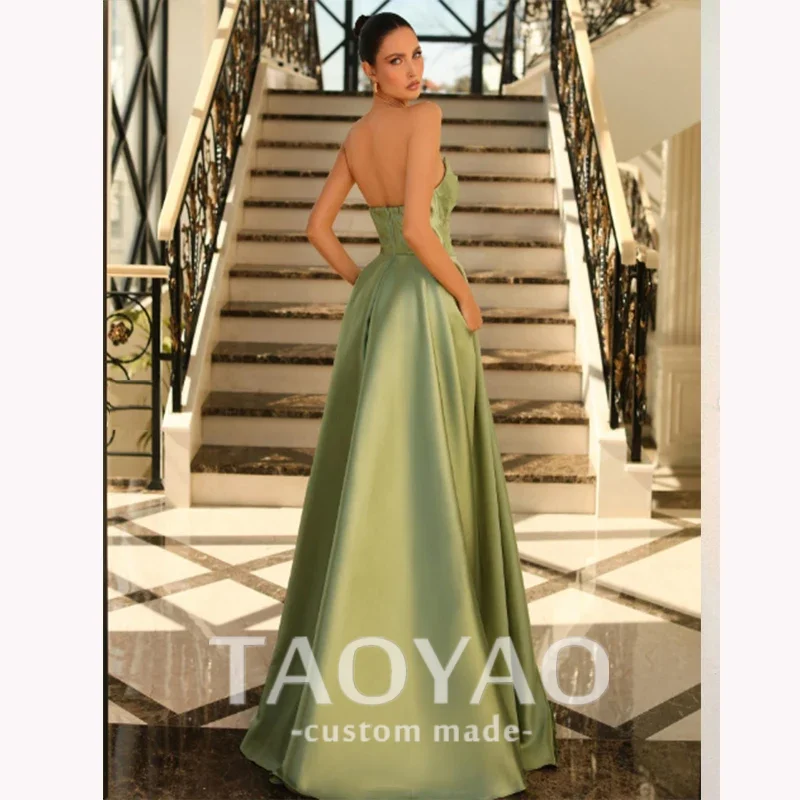 Green Satin Luxury Dress Prom Elegant Strapless Long Gown A-Line For Women Wedding Party Formal Occasion Gala vestidos 2024