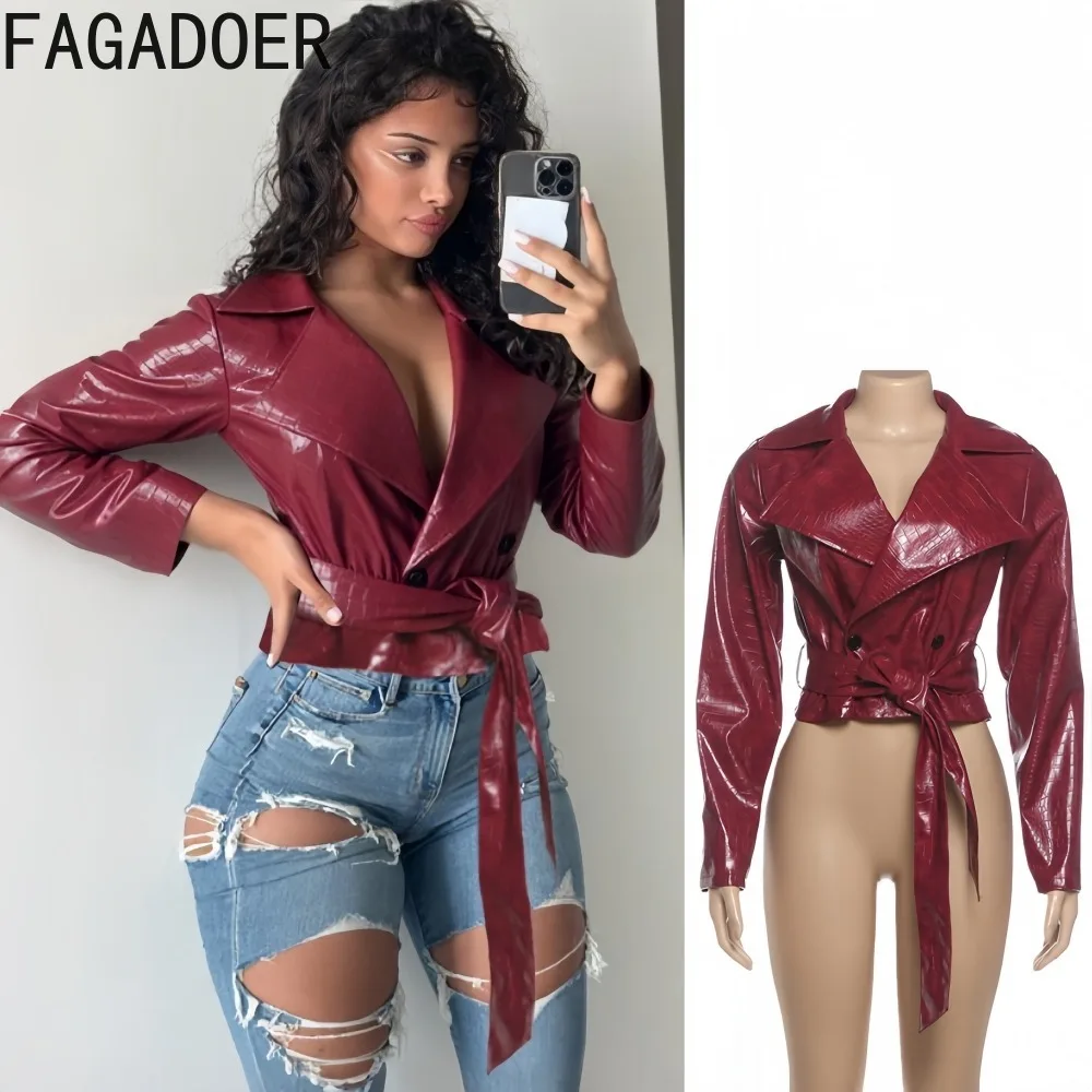 

FAGADOER Sexy Leather Patchwork Bodycon T-shirt for Woman Solid Color V-neck Long Sleeves Bandage Tshirt Female Streetwear New