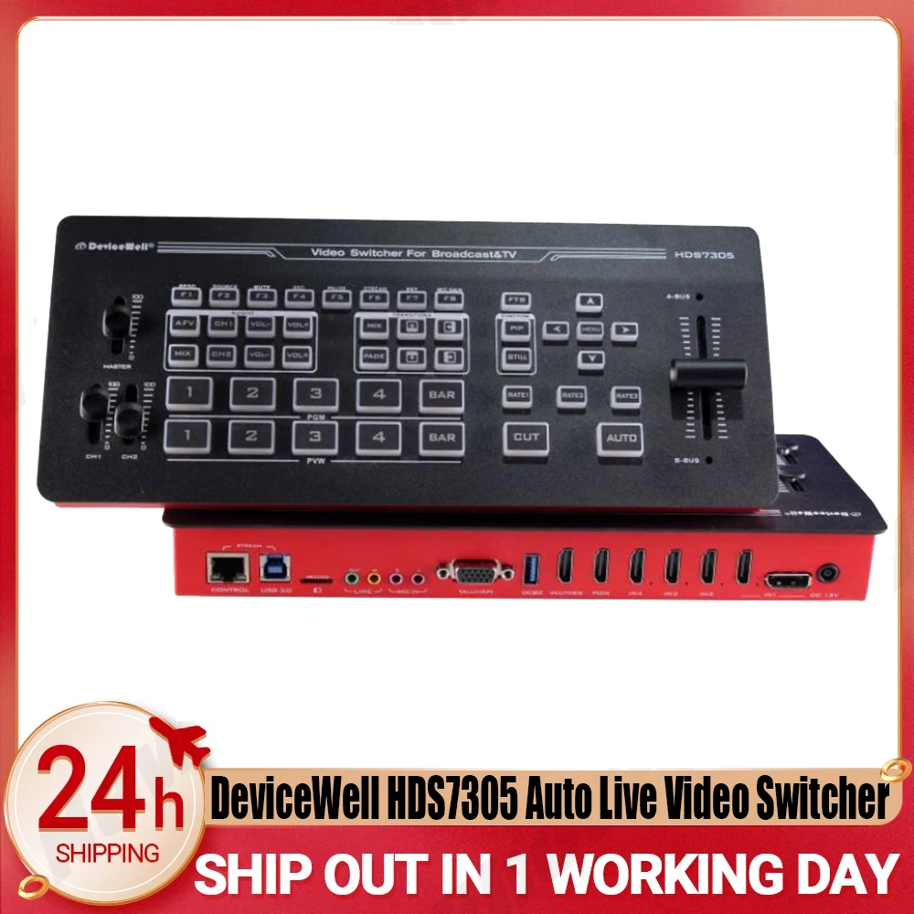 

DeviceWell HDS7305 Auto Live Video Switcher 5-CH Stream Record T-bar HD Studio Equipment video mixer SD card & USB pk hds7105