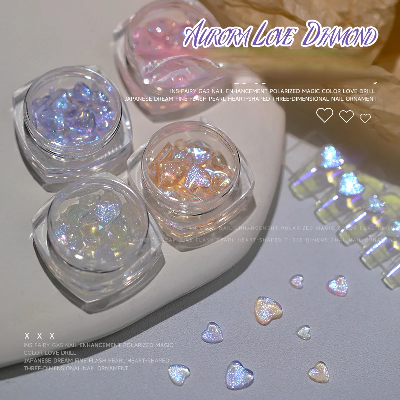 30/40Pcs Aurora Love Heart Nail Art 1 Bottle Girl Relief Sticker 3D Shiny Rhinestones Flat-Bottom Mixed Mnaicure Crystal &*&