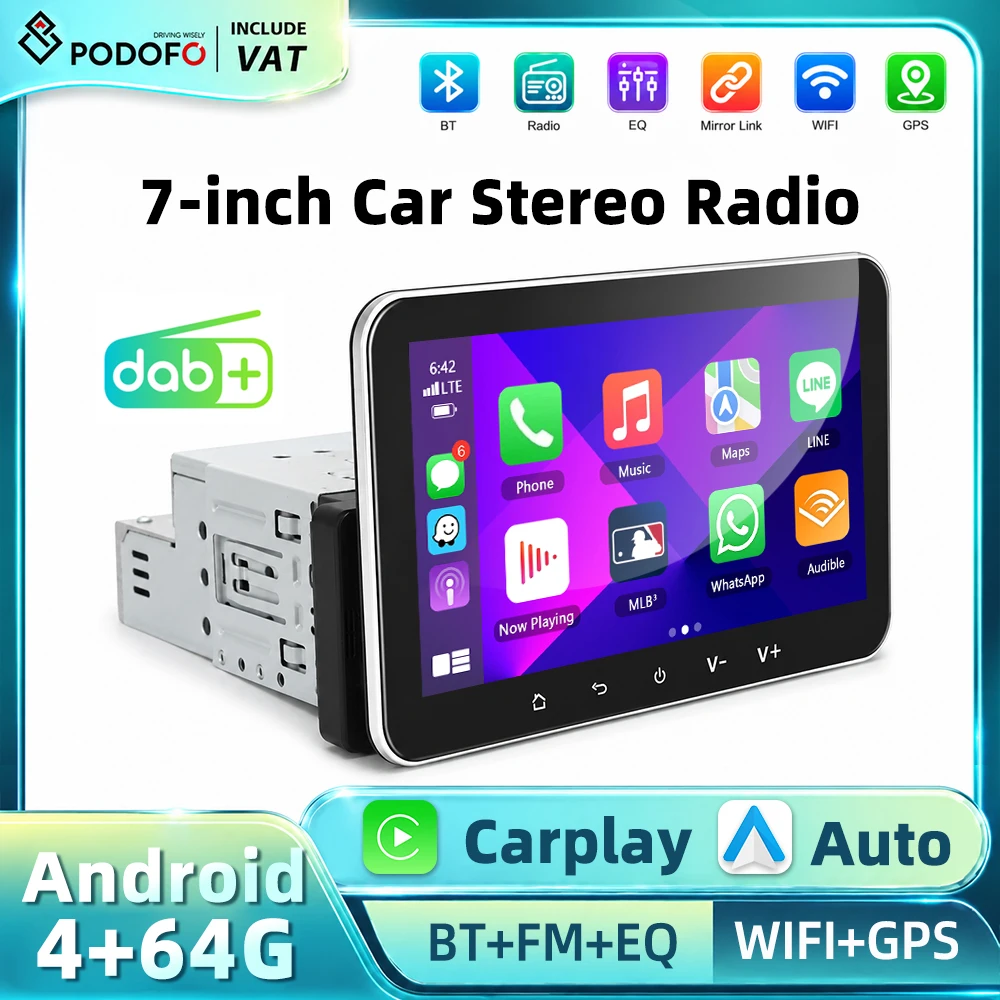 Podofo 7-calowy 1-DIN odtwarzacz multimedialny do samochodu, radio stereo z ekranem dotykowym HD, 4+64G, WiFi, bezprzewodowy Carplay, Android Auto, Mirror Link, GPS, BT, radio FM/RDS, radio