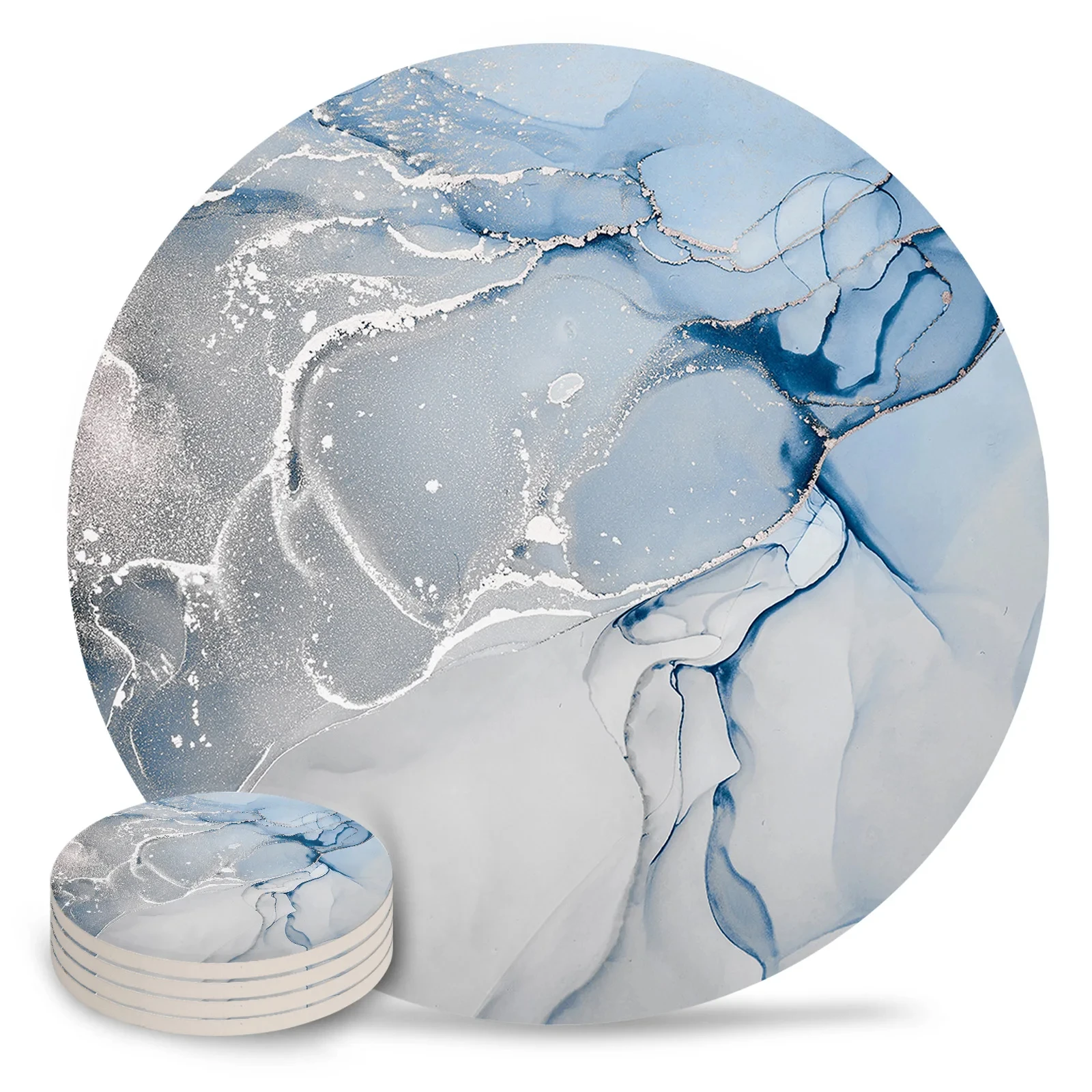 Blue Marble Print Texture Coasters Ceramic Set Round Absorbent Drink Coaster Coffee Tea Cup Placemats Table Decoration Placemats