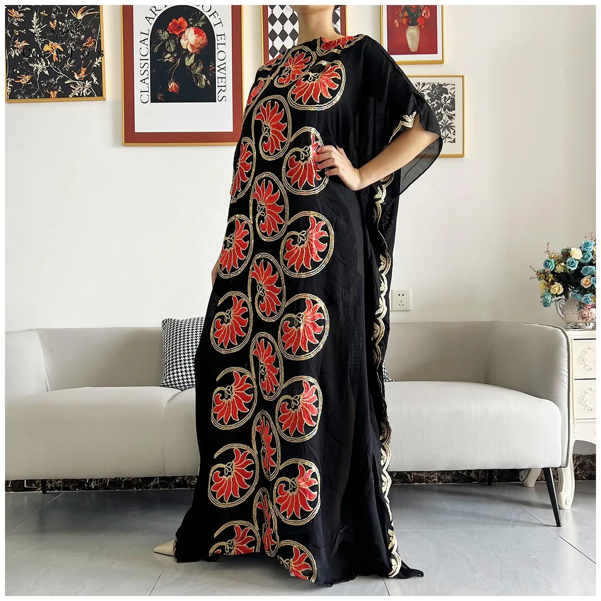 New Women Muslim Sequin Embroidery Long Black Lady Clothes Fashion New Arrival African Embroidery Flower Dresse With Scarf