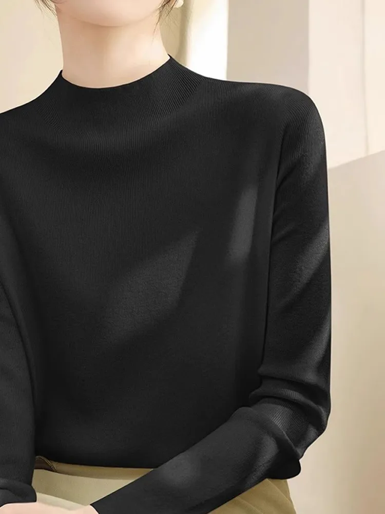 Damska dzianinowa bluzka Ele Color, długi rękaw, okrągły dekolt, dopasowany krój, bazowa warstwa, odzież wewnętrzna, modna, koreańska, elegancka.