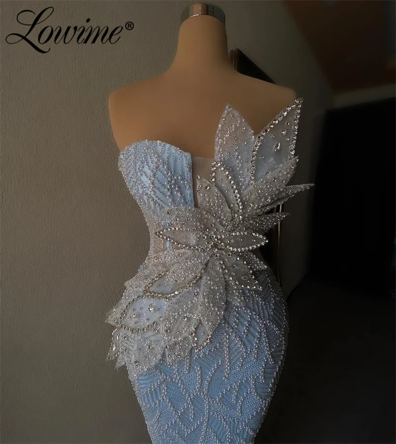 2025 Aso Ebi Sky Blue Mermaid Prom Dress Pearl Crystals 3D Leaf Elegant Evening Dresses Arabic Party Engagement Gowns Customized