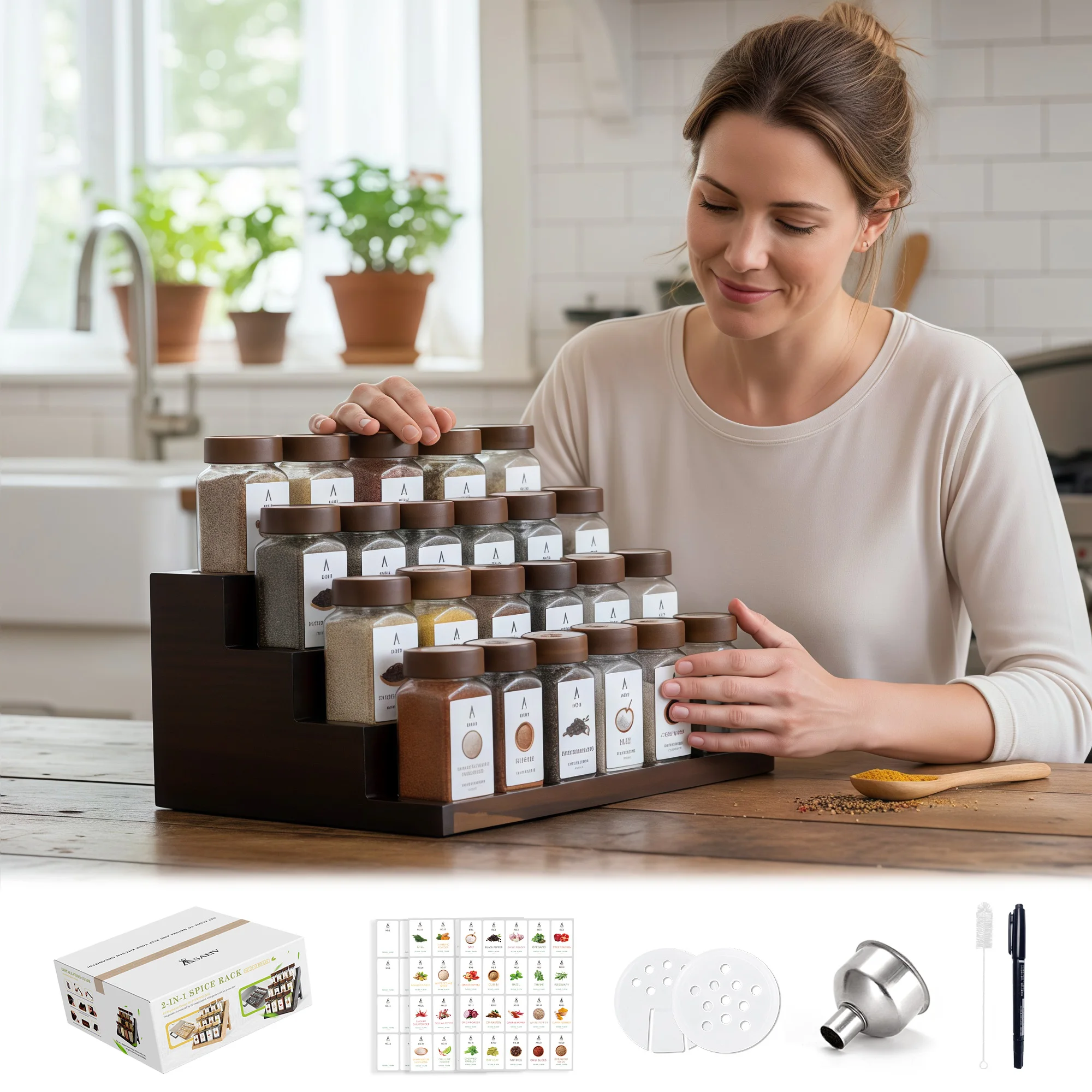 Gewürzregal-Set aus Akazienholz mit luftdichten Gläsern – Stufenförmiges Organizer-Aufbewahrungsregal für das Kochen in der Küche