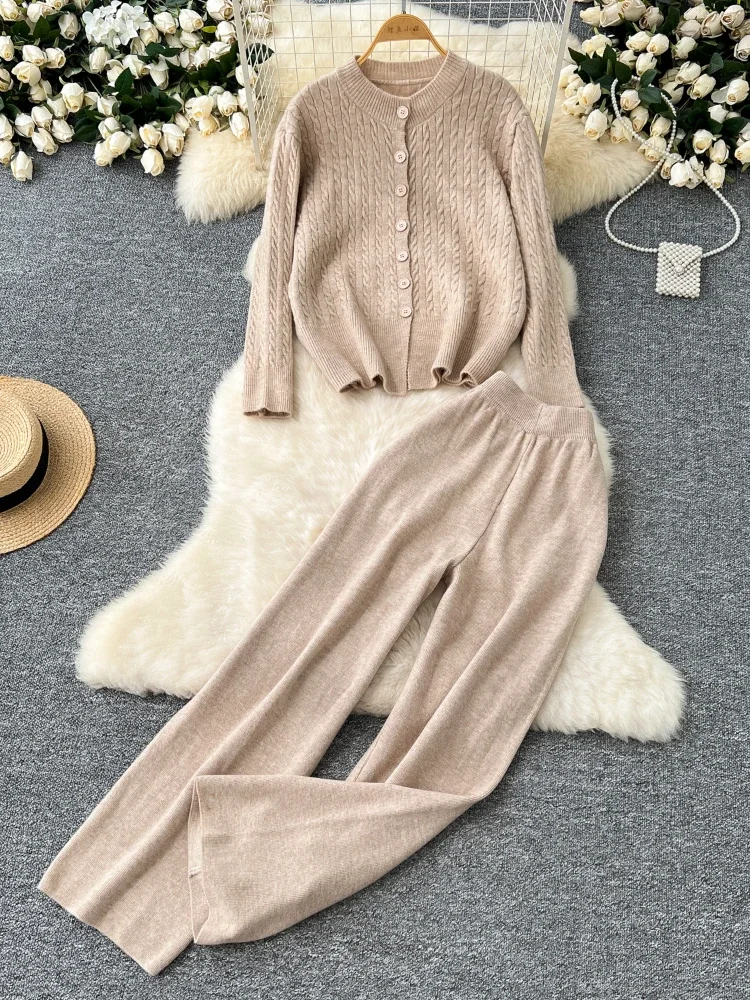 Autumn Winter Casual Cashmere Suits Women Long Sleeves Buttons Cardigan+High Waist Wide Legs Knitt Pants Loose Sweater 2PC Sets