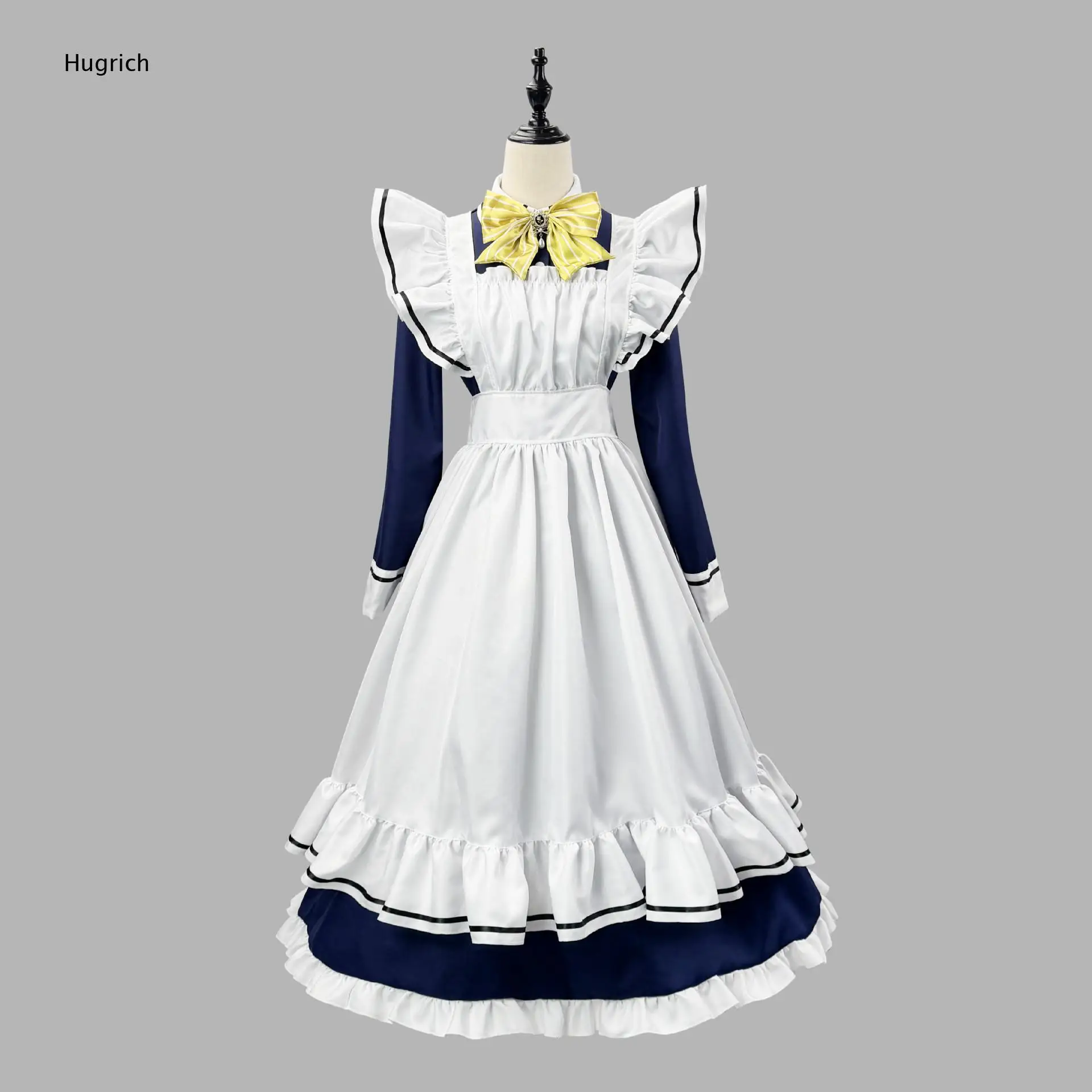 Elegant Long Sleeve Maid Gown White Multi Layer Ruffle Apron Black Edge Trim Yellow Bow Floor Length Skirt For Ladies