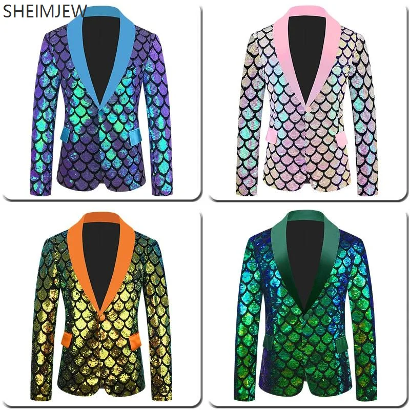 Velvet Phantom Double-sided Fish Scale Sequins Shining Personality Men Suit Wedding Banquet Stage Performance Party Dress Jacket