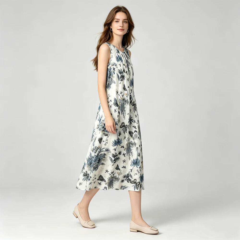 2026 Women's Casual Summer New 100% Natural Mulberry Silk Crepe De Chine Round Neck Tank Top Printed Dress
