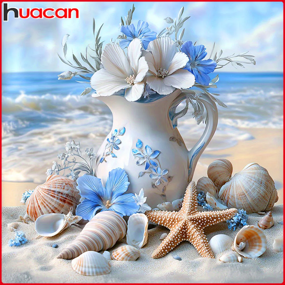 Huacan Vollquadratische und Runde Diamant-Malerei, Blumenvase am Meer, Diamant-Mosaik, Landschaft, Neue Kollektion, Heimdekoration