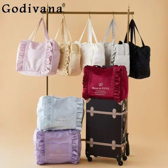 

Japanese Style New Satin Lotus Leaf Lace Travel Bag Handheld Shoulder Bag Female Candy Color Luggage Bags