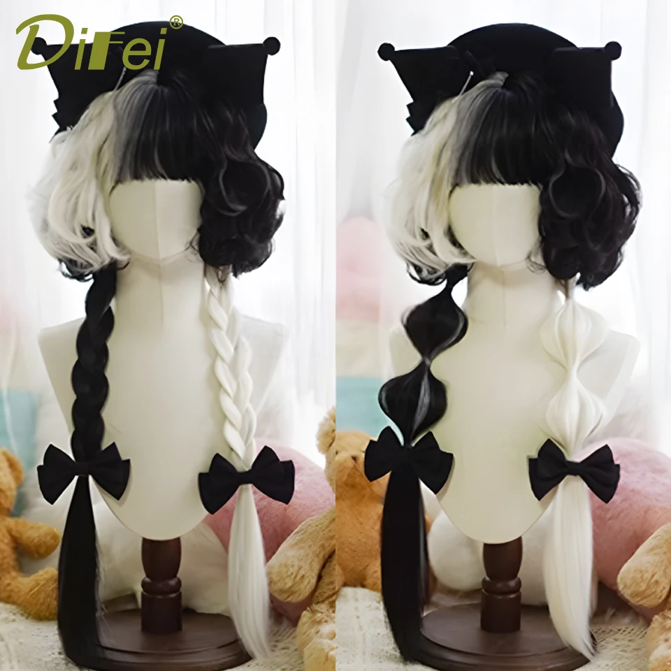 Wool Long Hair Synthetic Lolita Wig Female Black And White Color Matching Long Curly Hair With Bangs Christmas Cosplay Party Wig