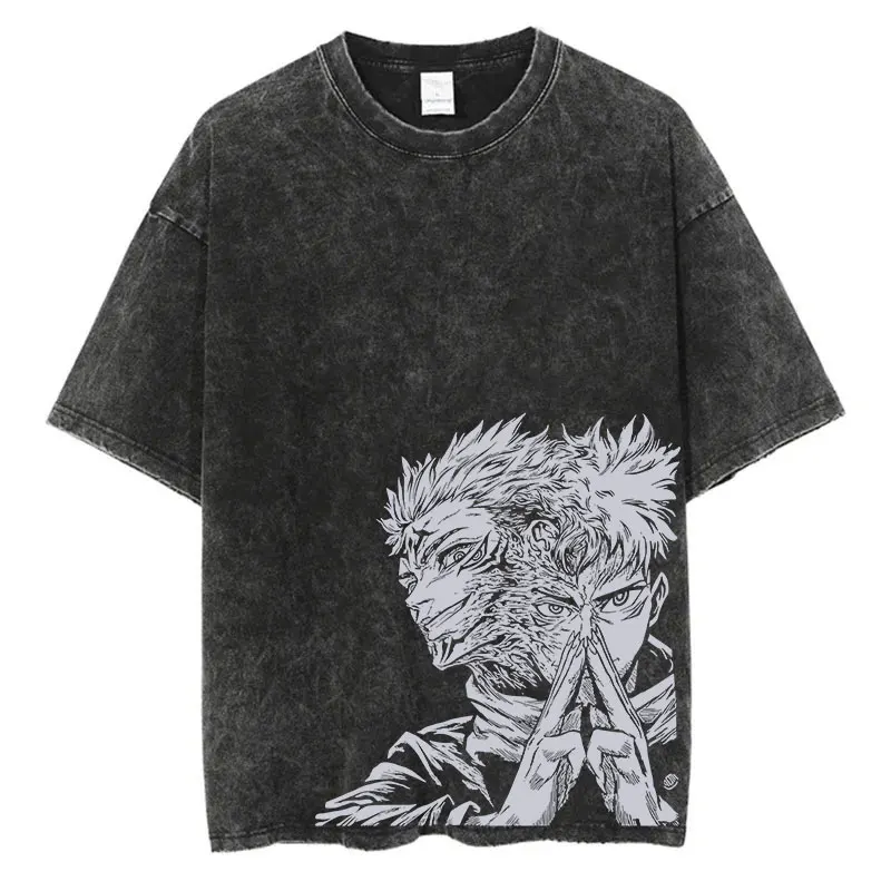 

2025 Summer Washed T Shirt Anime Graphic Print Streetwear Vintage Oversized T-Shirt Men Fashion Cotton Top Tee Black Tshirt