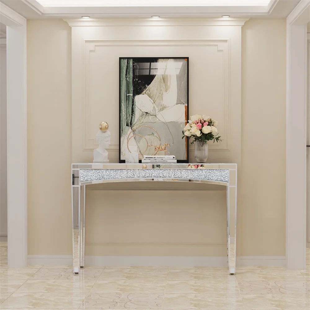 LUVODI 120cm Modern Crushed Diamond Mirrored Console Table, Silver Entryway Sofa Vanity Table for Foyer Entrance Office