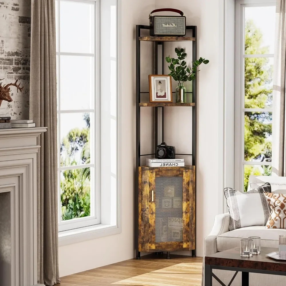 Armário de barras com luz RGB, armário de barras de prateleira de canto de madeira de ferro, prateleira alta para livros, decorar o armário de bar com porta, armário de barras