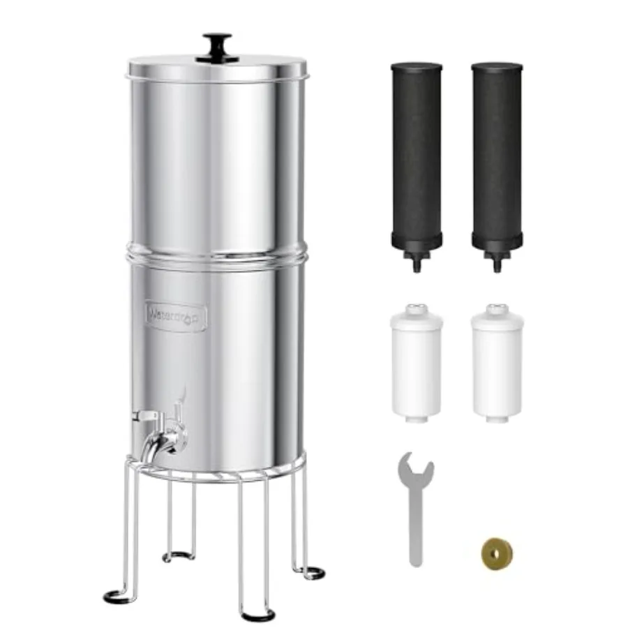1.5 Gallons Gravity-fed Water Filter System for Outdoor Travel Stainless Steel Construction with Red Spigot and Stand Includes