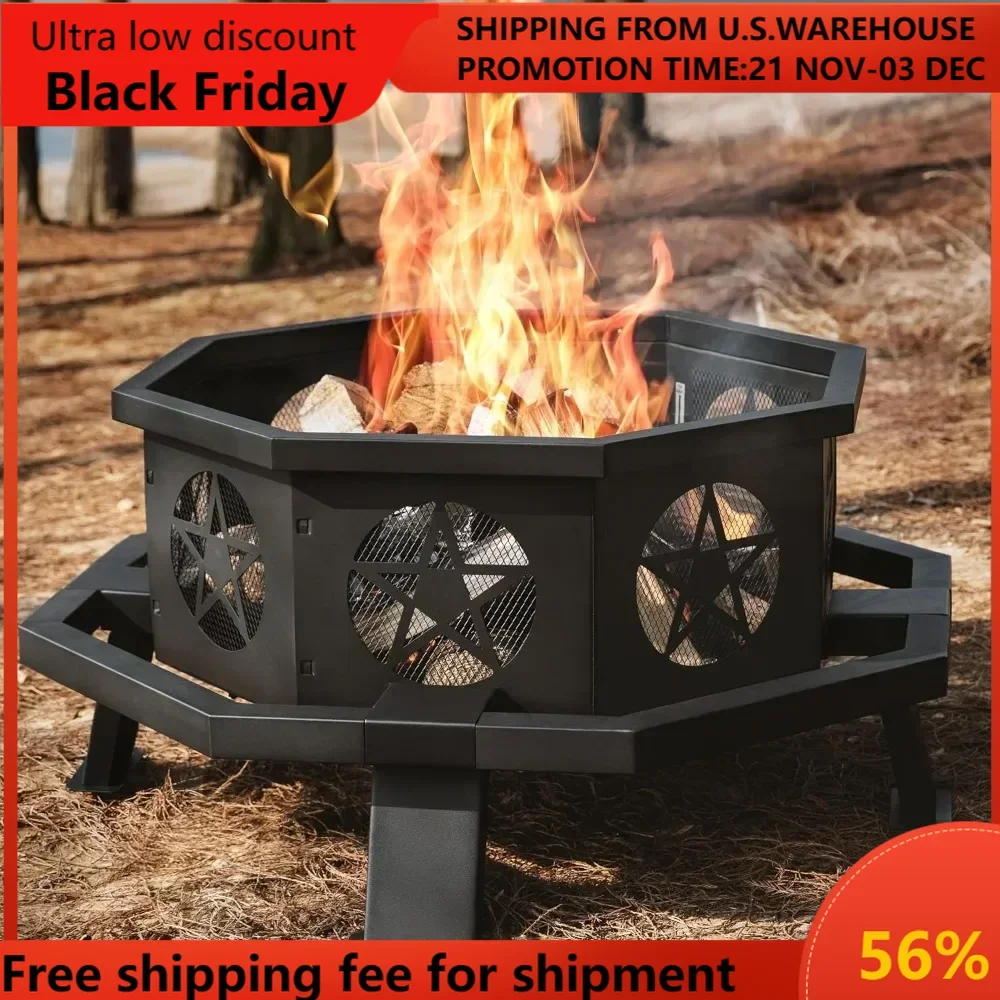 35 inch Fire Pit, Outdoor Fire Pit Wood Burning Fire Pits with Cooking Grill, Large Firepits for Outside Octagonal Heavy Duty