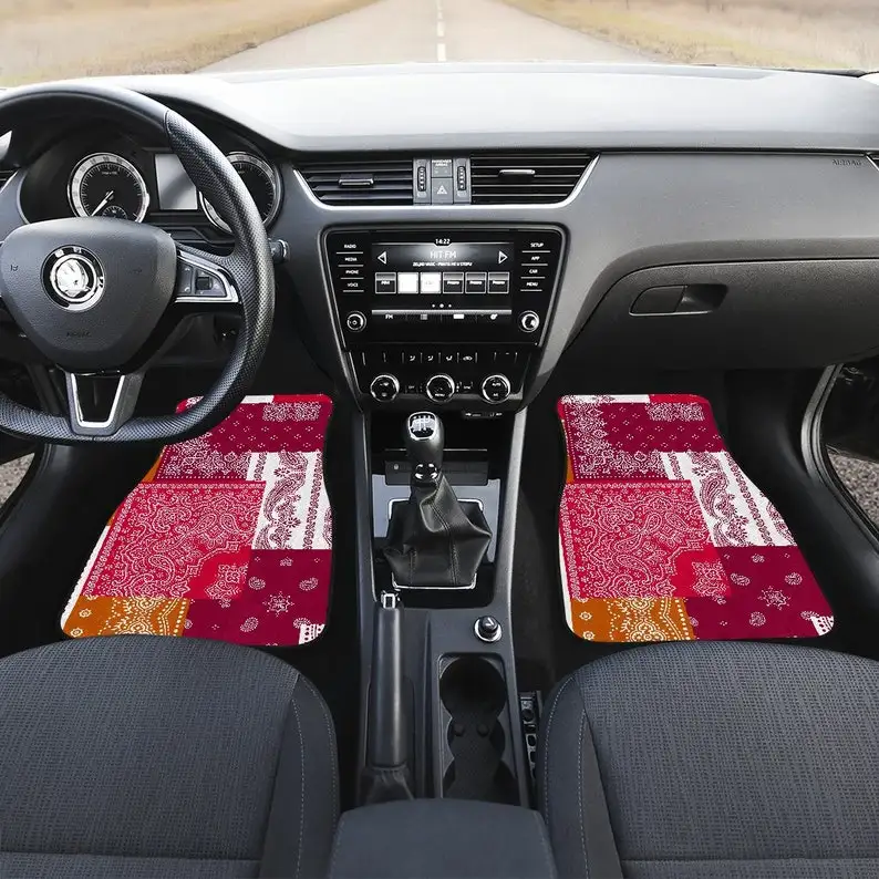 Red Oriental Asian Patchwork Car Floor Mats Set, Front and Back Floor Mats for Car, Car Accessories