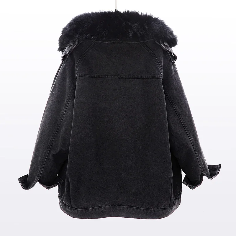 Winter Natural Fox Fur Collar Removable Rabbit Fur Liner Denim Jacket Women Black Blue Loose Big Pocket Jeans Jacket Coat Female