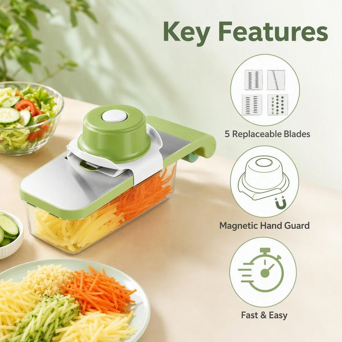 Fresh Green Multifunctional Vegetable Slicer 5 Interchangeable Blades with Magnet & Hand Guard for Kitchen Prep