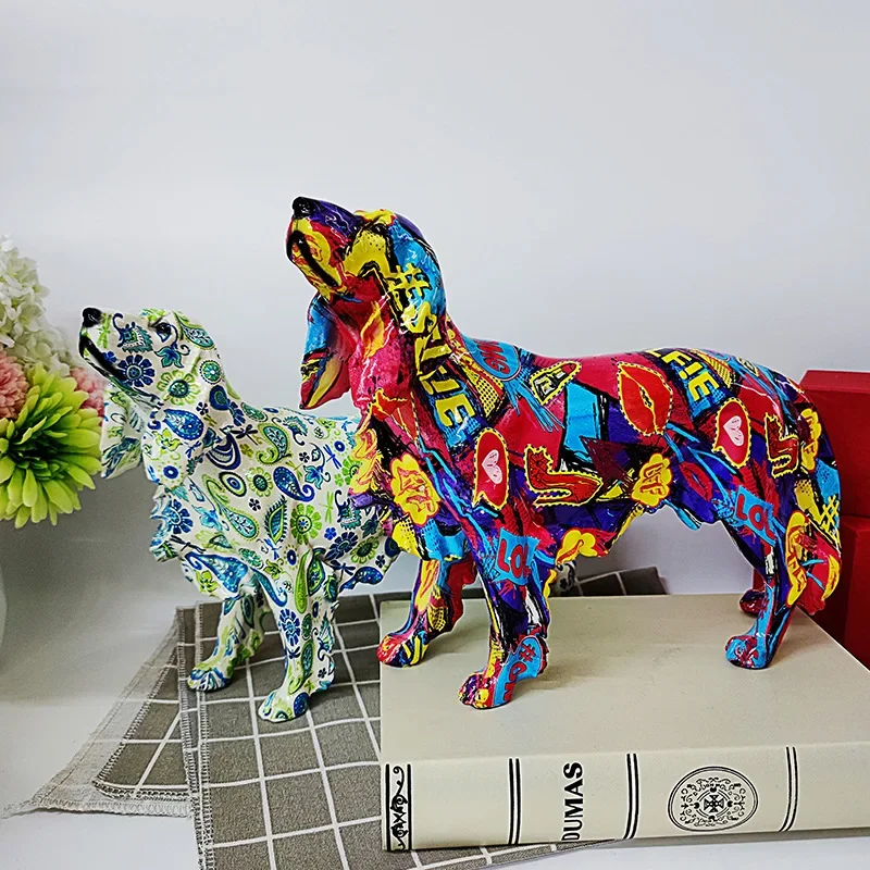 

Nordic Painting Graffiti Dachshund Dog Sculpture Figurine Art Animal Statue Creative Resin Crafts Home Decoration