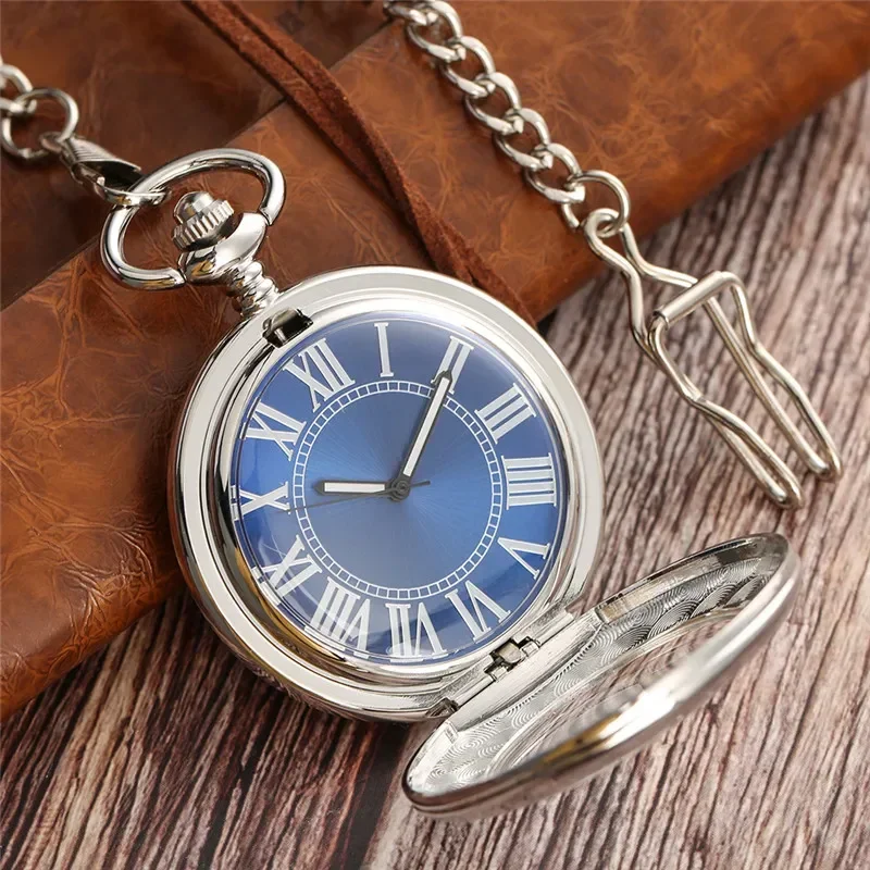 Retro Silver Unisex Pocket Watch Automatic Mechanical Watches for Men Women Roman Number Dial Pendant Clock Luminous Hands