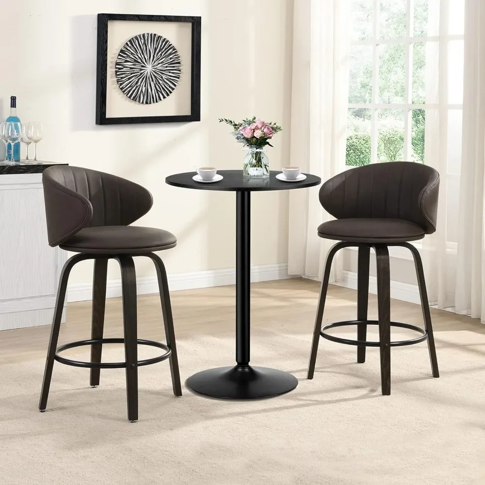 

L # Modern Bar Stool 2-piece Set, Medieval Curved Wooden High Footed Stool, Rotating Artificial Leather Stool,
