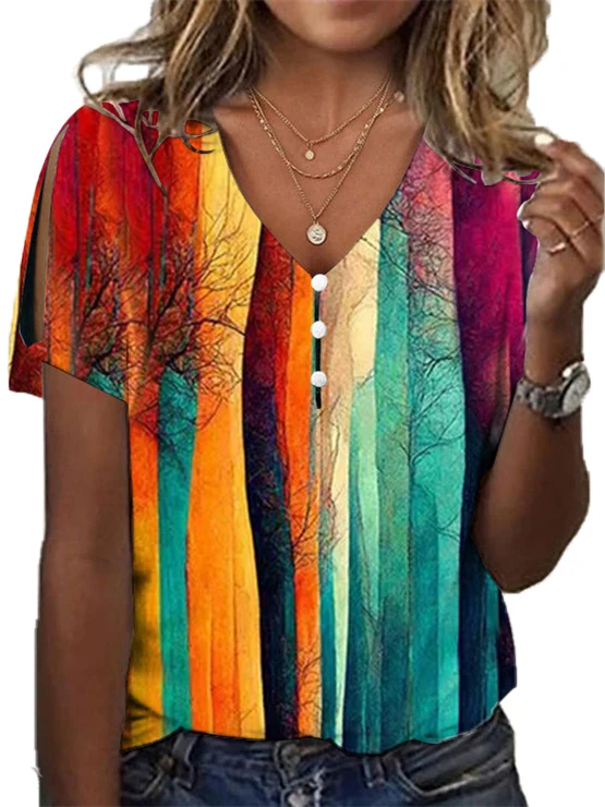 Plus Size Women's Colorblock Printed Hollow Short Sleeve V-neck Top