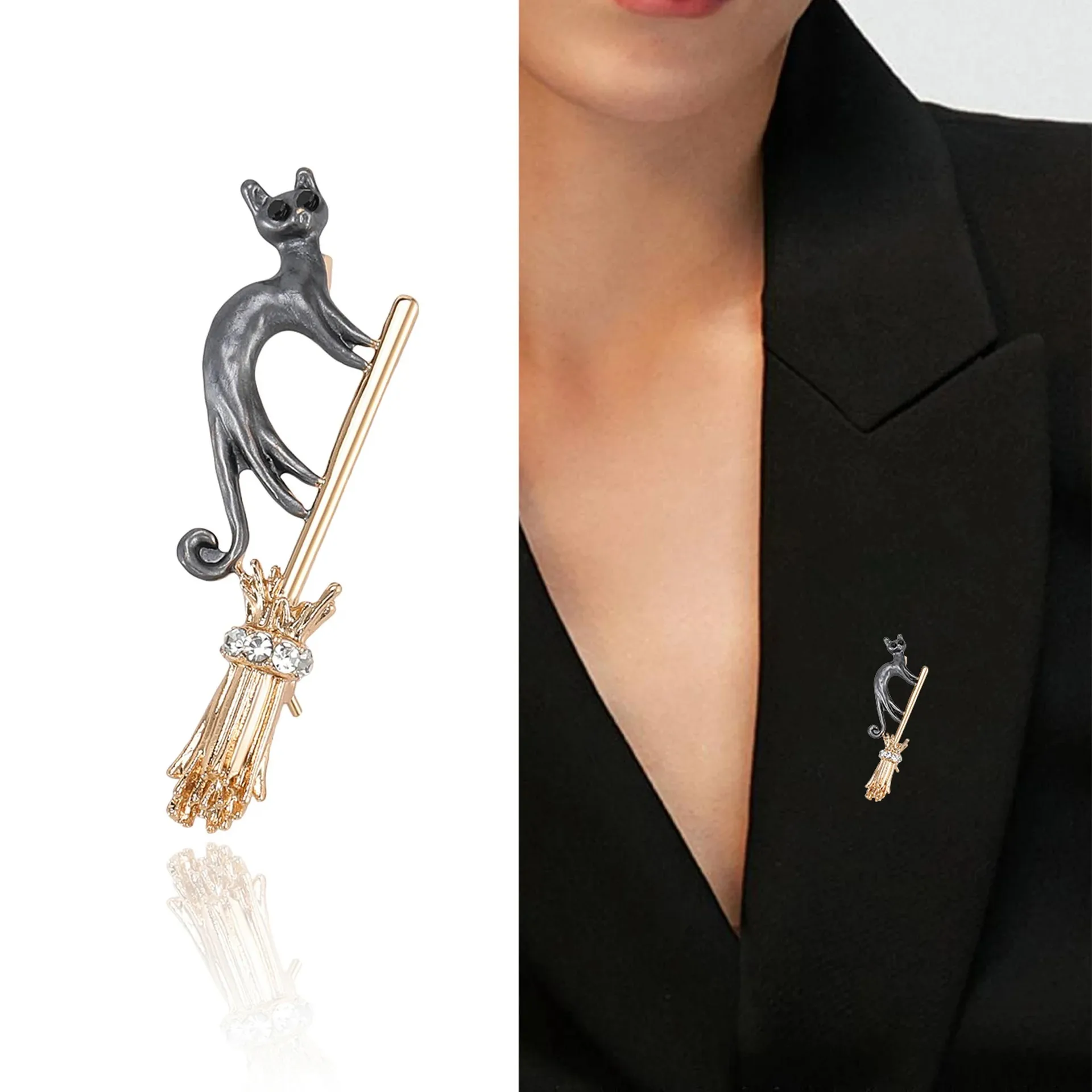 Creative Cat Riding Broomstick Brooch Cartoon Kitten Enamel Pin For Women Men Clothing Backpack Lapel Animal Jewelry Gift
