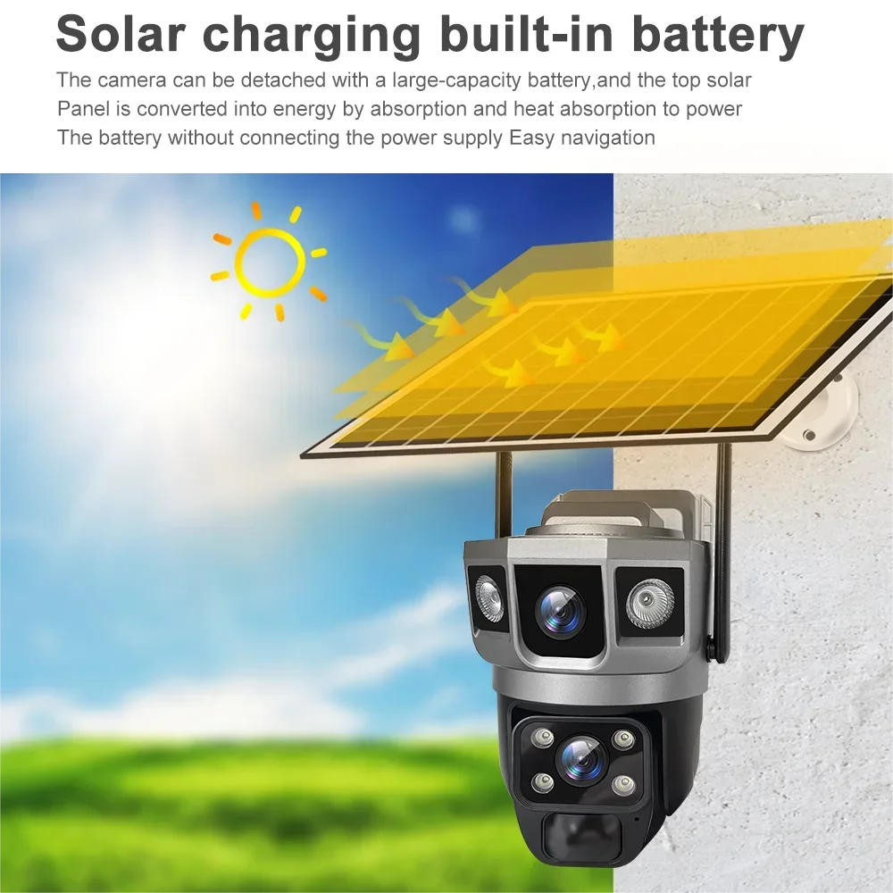 Solar Cameras Wifi Outdoor 12MP Tir Lens Tri Screen PTZ Auto Track Home Alarm Remote Monitor Night Vision CCTV Security Camera