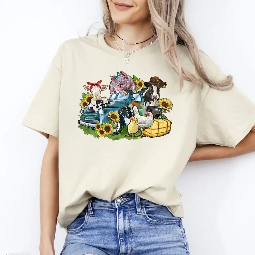 Farm animals truck T-Shirt gift Sunflower cow gig chick goat Farmer Unisex tee S tops Unisex Summer Short Sleeve