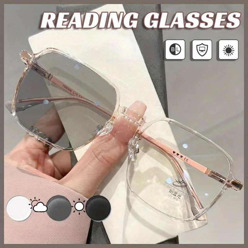 

Photochromic Reading Glasses Fashion Large Frame Square Farsighted Presbyopia Glasses for Women and Men 0 To +3.0